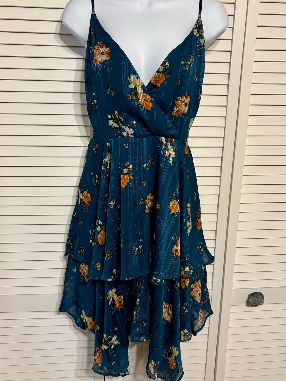 Teal Floral Tiered Spaghetti-Strap Dress